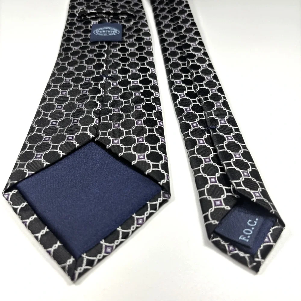FORSYTH of Canada Mens Luxury Tie Black & Silver Geometric Foulard Silk Repp
